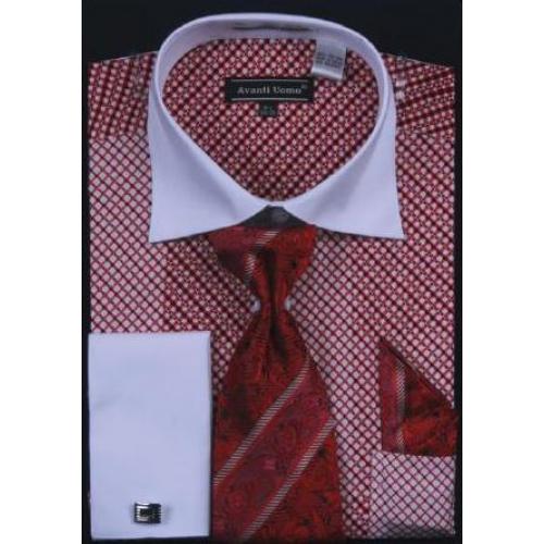 Avanti Uomo Red Printed Two Tone Design 100% Cotton Shirt / Tie / Hanky Set With Free Cufflinks DN57M